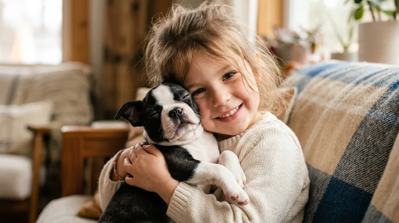 Child holding Boston Terrier puppy — Dental Brushing & Hygiene
