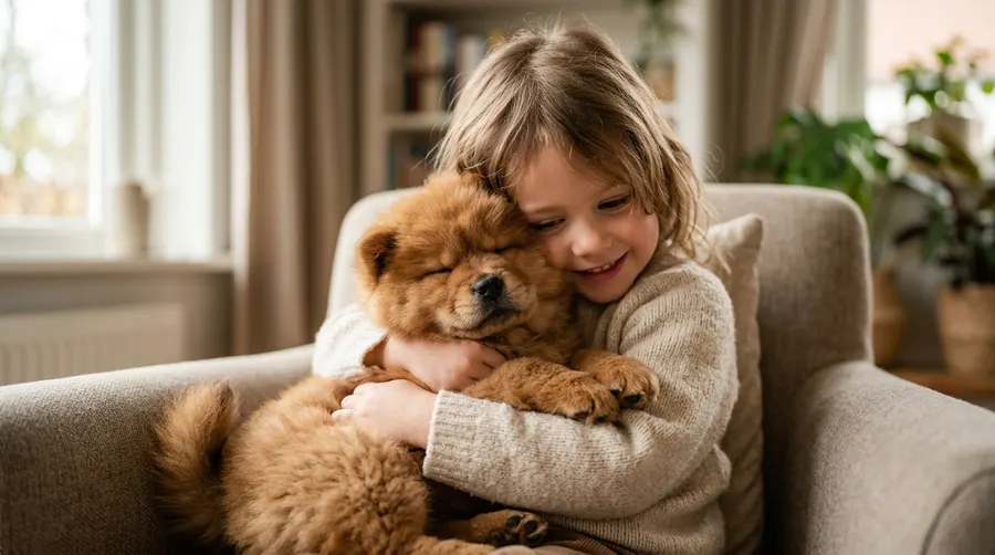 Child holding Chow Chow puppy