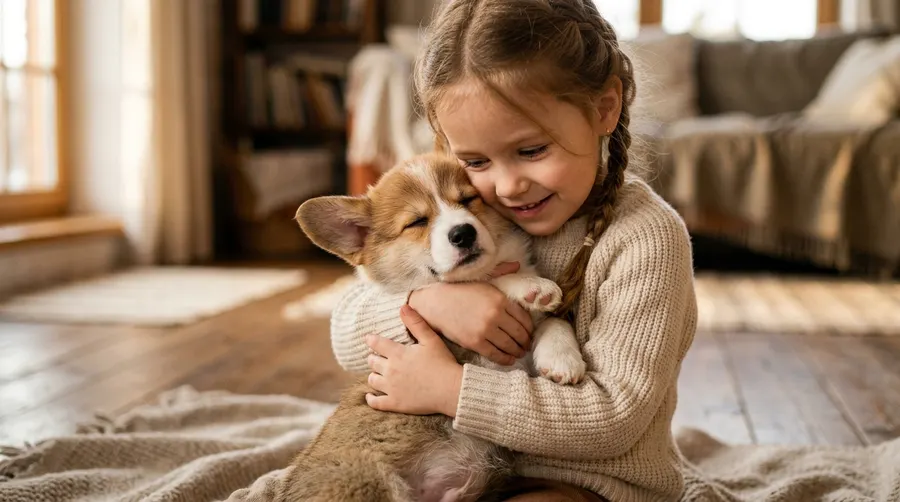 Child holding cute corgi puppy