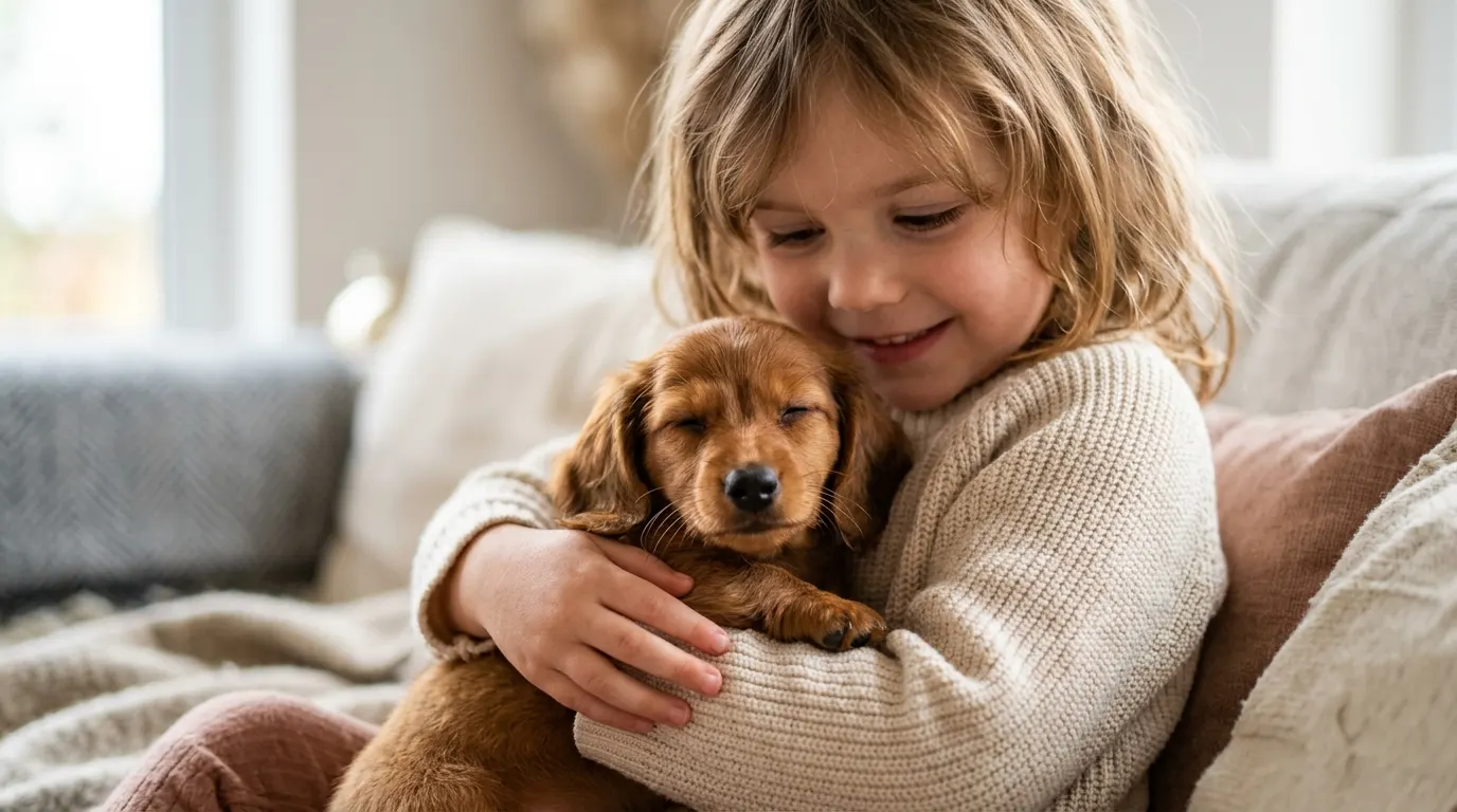 Child holding puppy — Dental Brushing & Hygiene