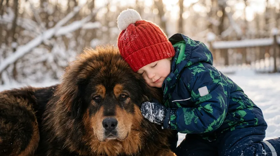 Child hugging giant dog