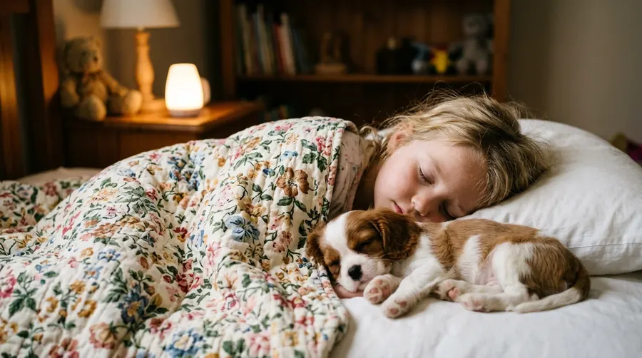 Child sleeping with puppy