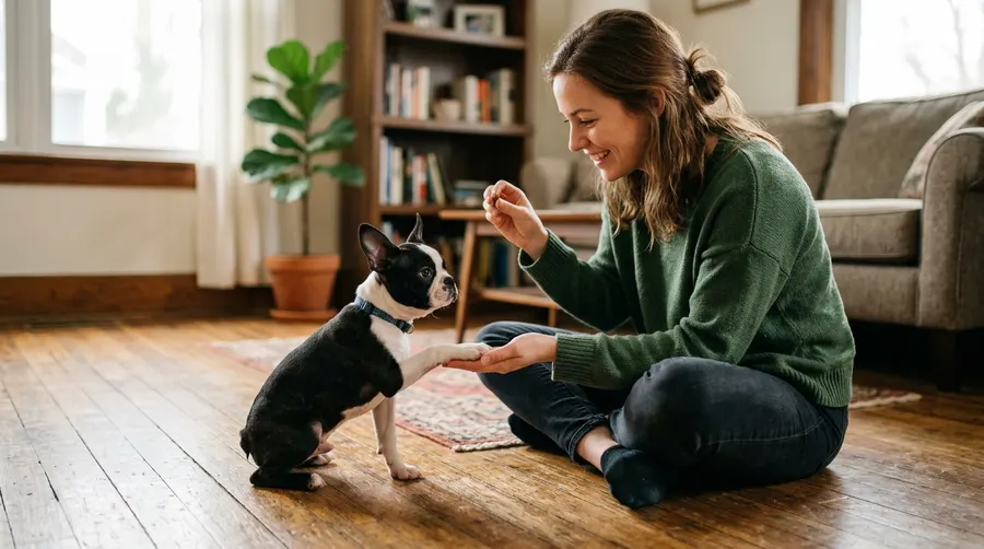 Person training dog on floor