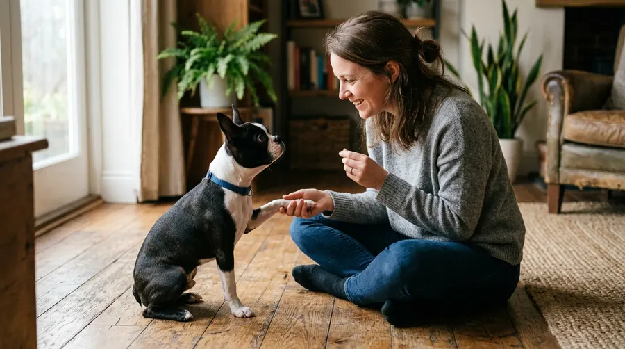 Person training dog on floor