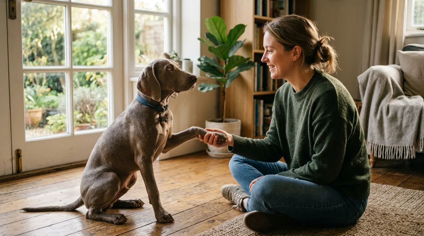 Person training dog on floor — Dental Chews & Plaque Control