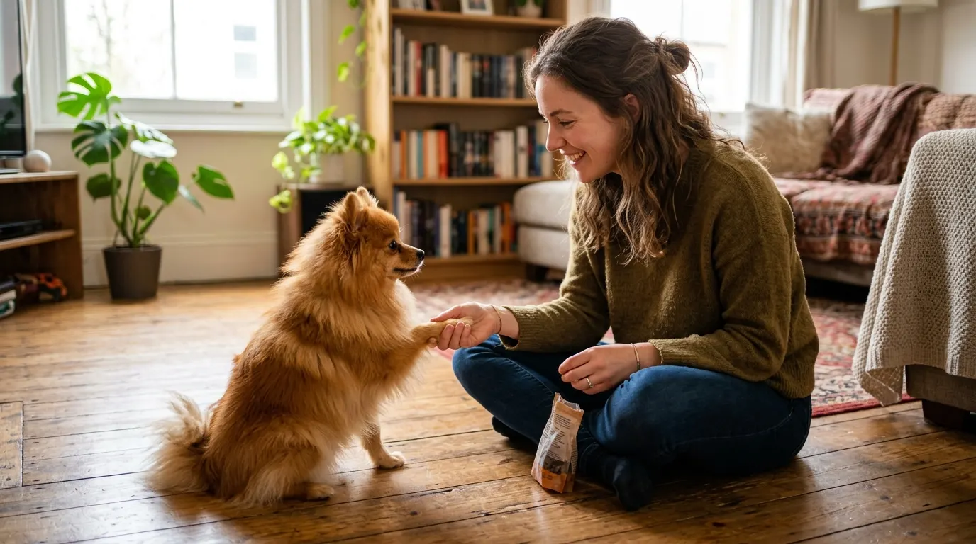 Person training puppy on floor — Dental Chews & Plaque Control