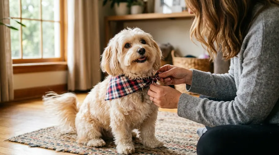 Person tying bandana on dog