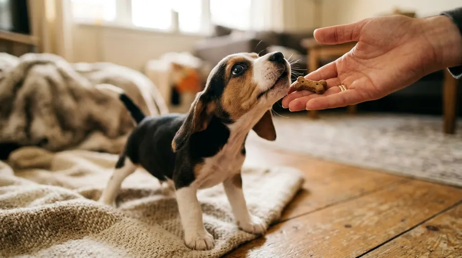 Puppy taking treat from hand | Dental Chews & Plaque Control Puppy taking treat from hand