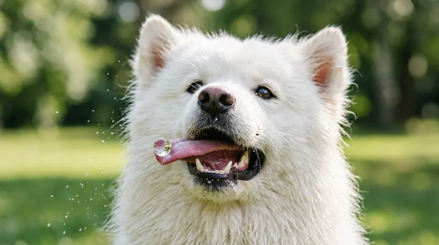 Samoyed catching water drop | Dental Chews & Plaque Control Samoyed catching water drop