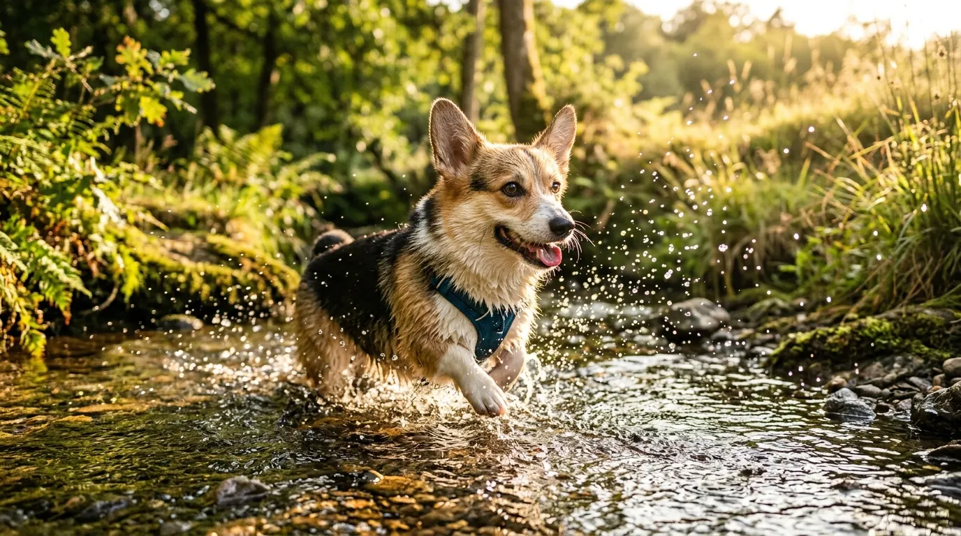 Corgi splashing in stream | Diets & Formats Corgi splashing in stream — Diets & Formats