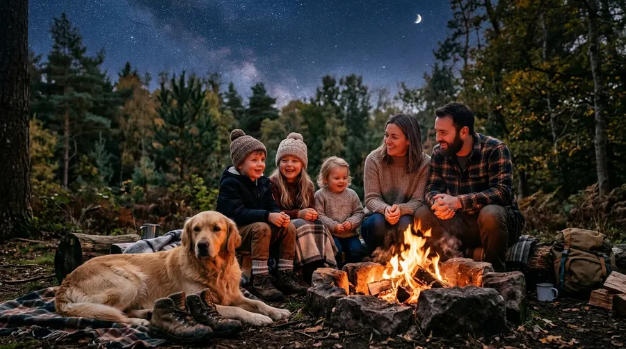 Family sitting around woodland