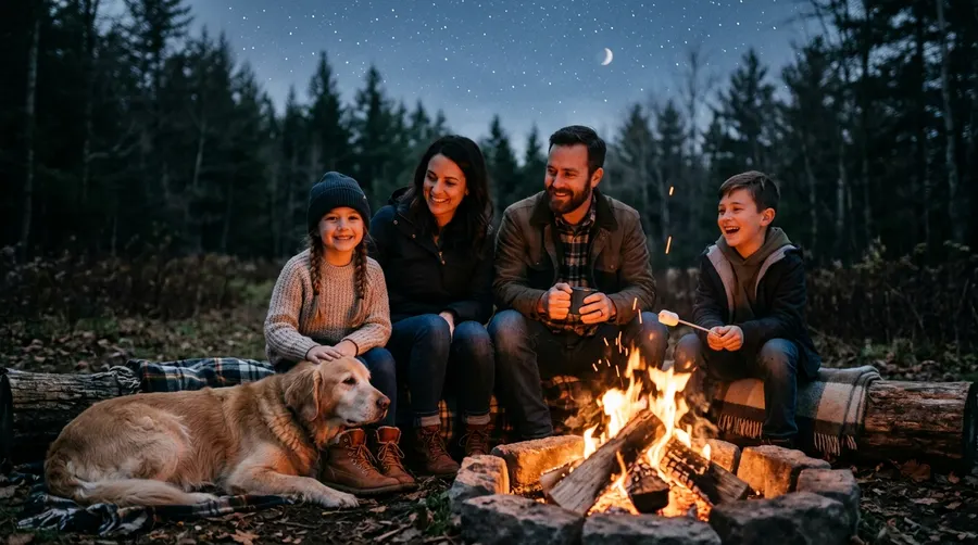 Family sitting around woodland