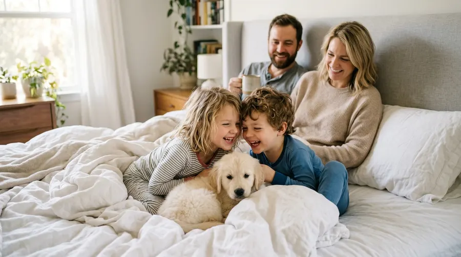 Family sitting with puppy on | Digestive Health & Probiotics Family sitting with puppy on
