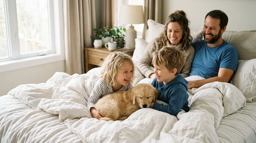 Family sitting with puppy on | Digestive Health & Probiotics Family sitting with puppy on