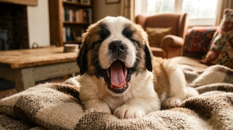 Saint Bernard puppy yawning