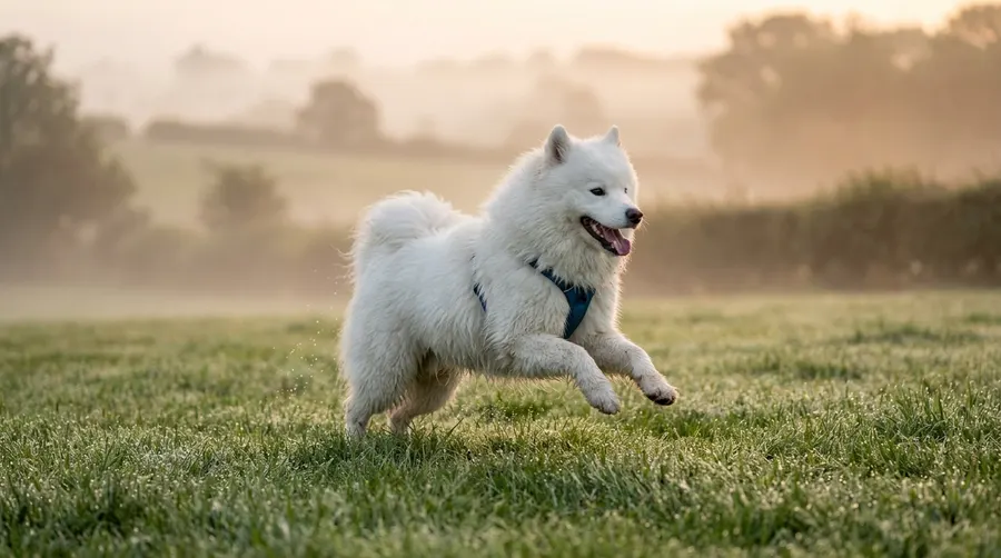 Samoyed running across lawn