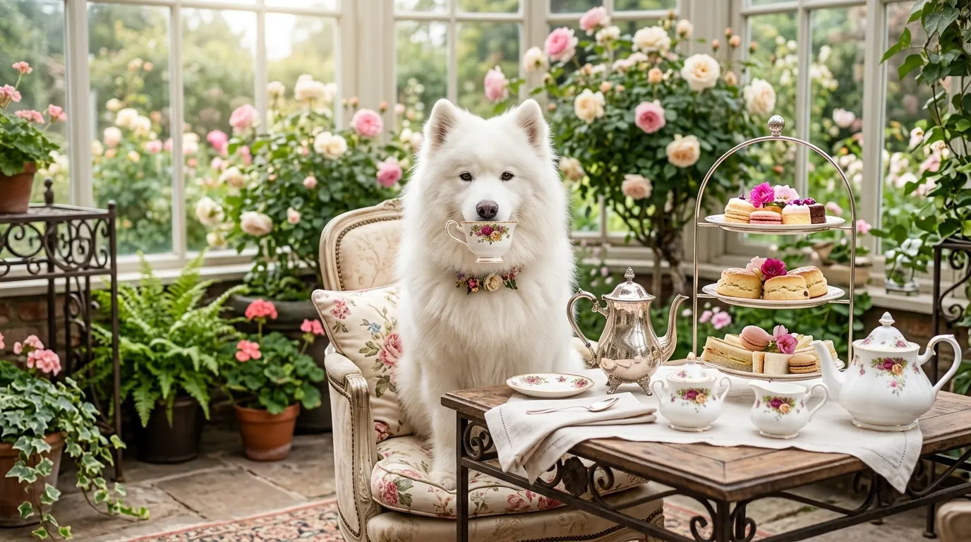 Samoyed sipping afternoon tea | Dog Ramps & Steps Samoyed sipping afternoon tea — Dog Ramps & Steps