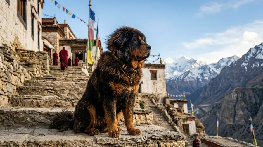 Tibetan Mastiff sitting on steps | Dog Ramps & Steps Tibetan Mastiff sitting on steps