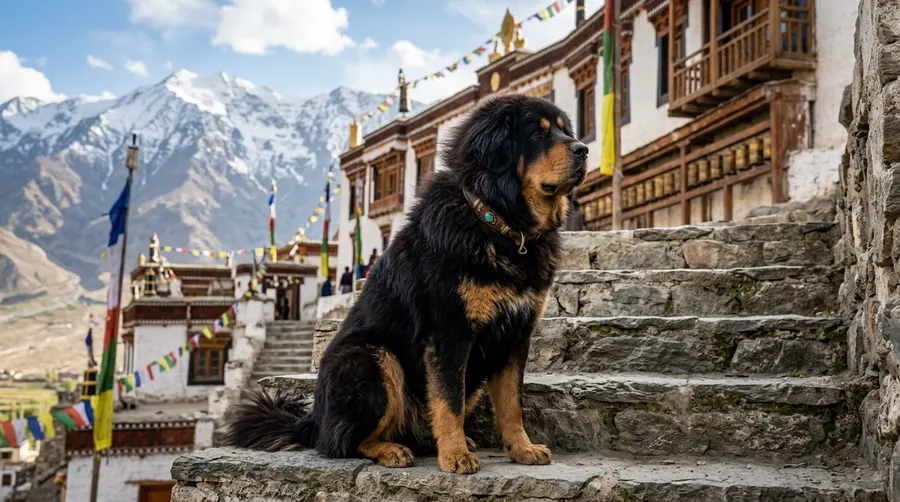 Tibetan Mastiff sitting on steps | Dog Ramps & Steps Tibetan Mastiff sitting on steps