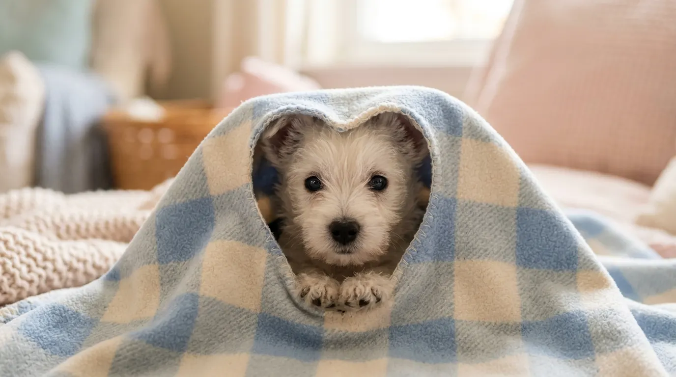 Puppy peeking through blanket hole | Electronic & Microchip Pet Doors Puppy peeking through blanket hole — Electronic & Microchip Pet Doors