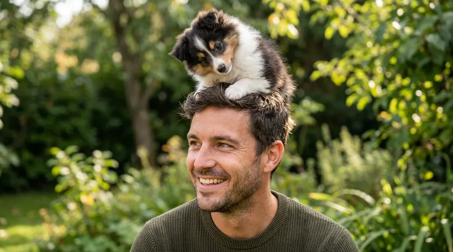 Puppy sitting on mans head | Electronic & Microchip Pet Doors Puppy sitting on mans head