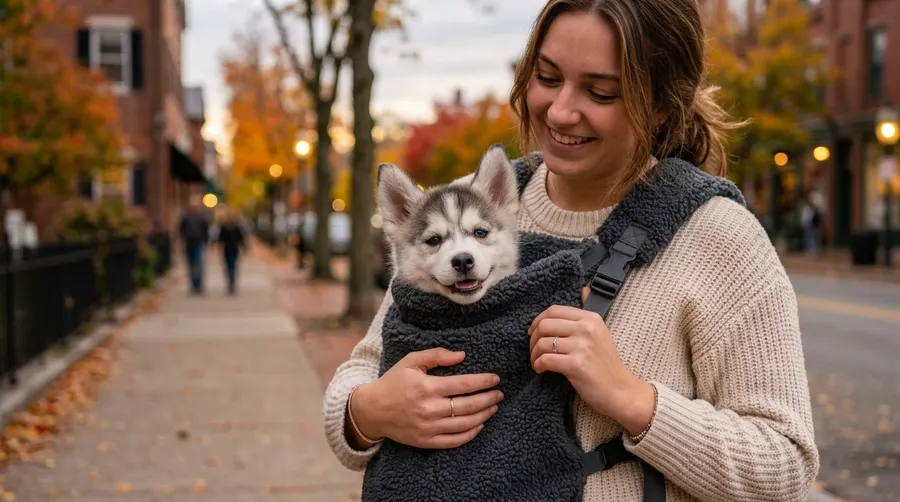 Puppy snuggled in chest pouch | Electronic & Microchip Pet Doors Puppy snuggled in chest pouch