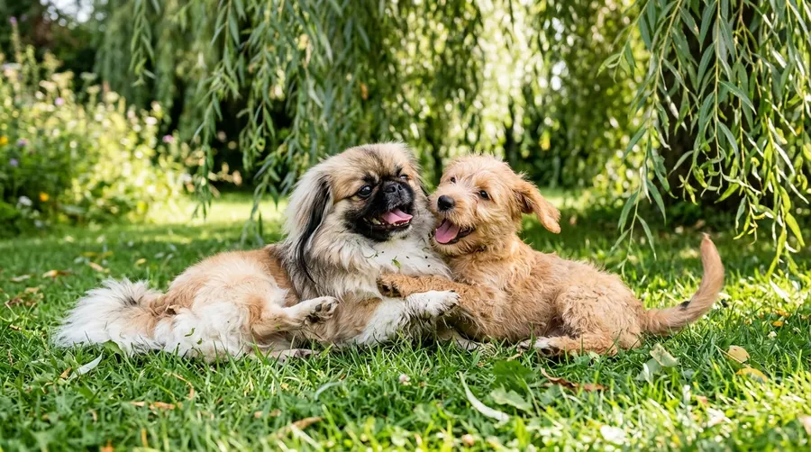 Puppy wrestling on lawn