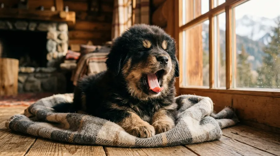 Puppy yawning inside cabin