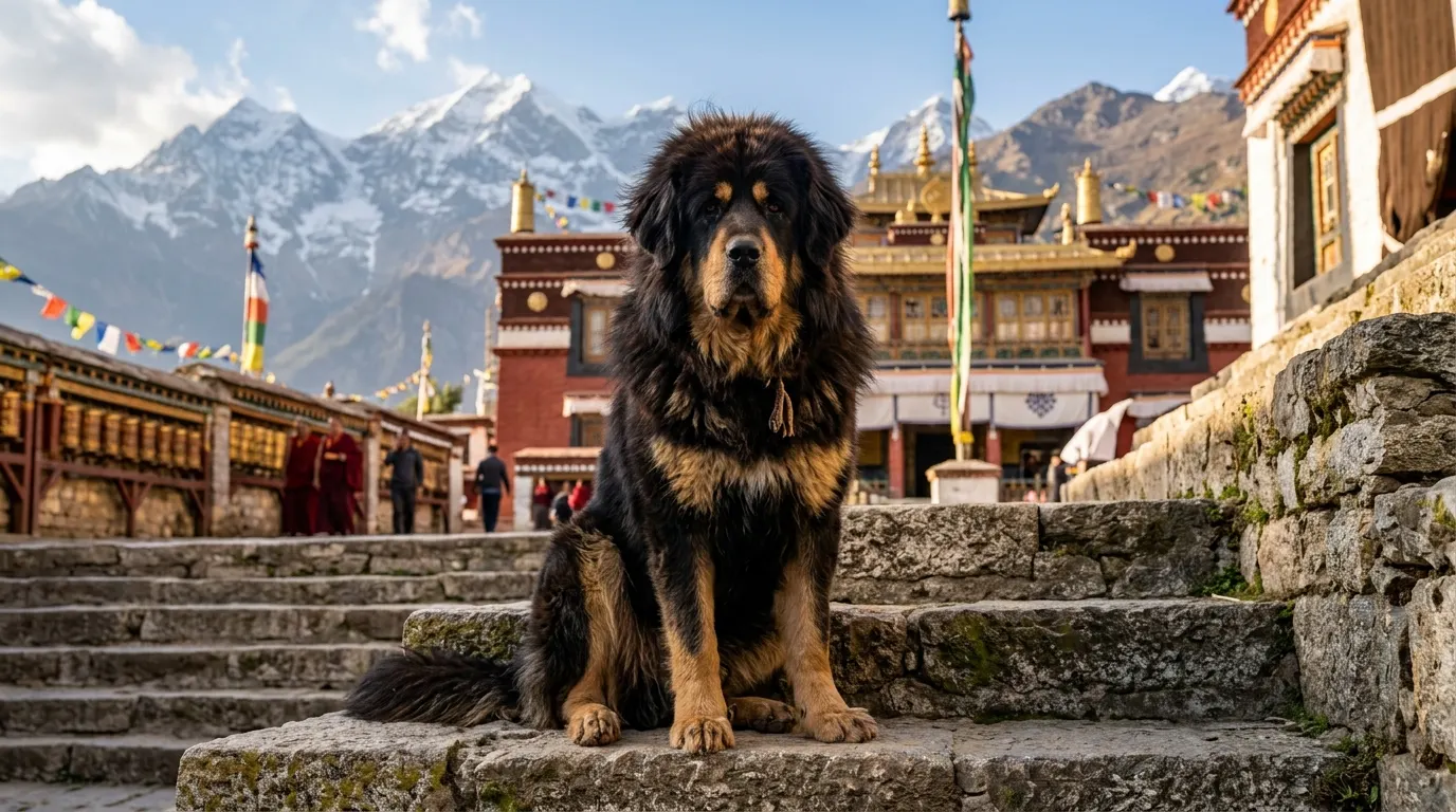 Tibetan Mastiff sitting on steps | Electronic & Microchip Pet Doors Tibetan Mastiff sitting on steps — Electronic & Microchip Pet Doors