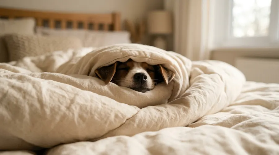 Puppy sleeping under duvet