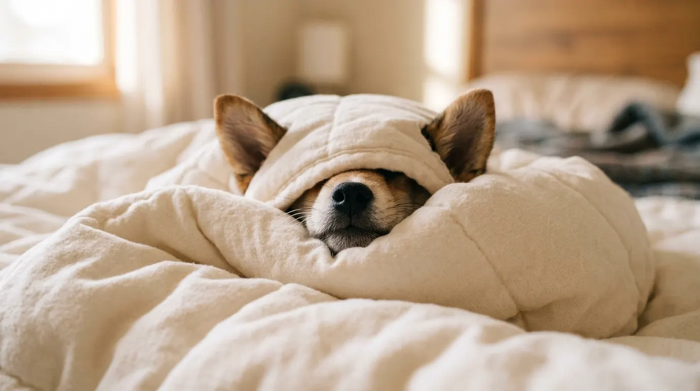 Puppy sleeping under duvet — Elevated & Raised Cot Beds