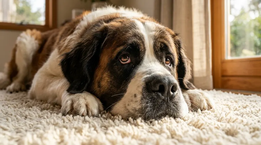 Saint Bernard resting on carpet