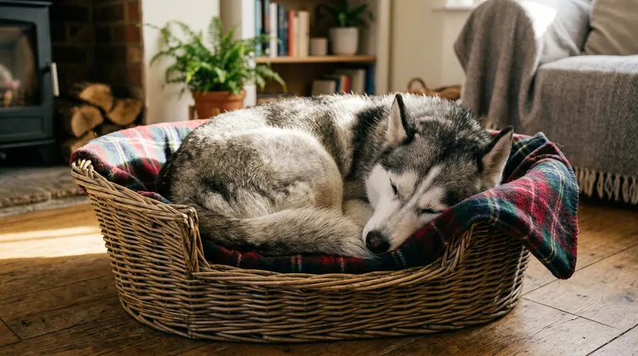Siberian Husky sleeping in basket