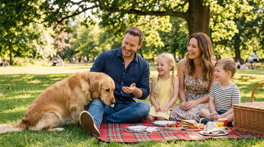 Family and dog at picnic