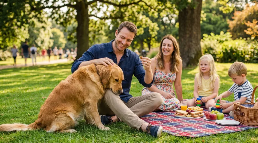 Family and dog at picnic