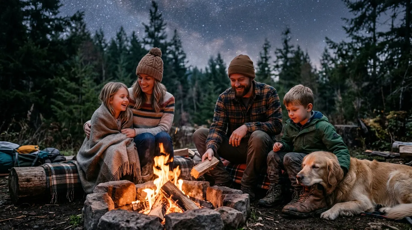 Family and dog by campfire — Enzymatic Stain & Odor Cleaners