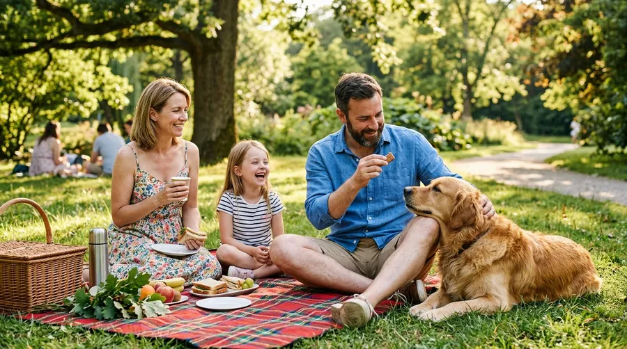 Family and dog having picnic