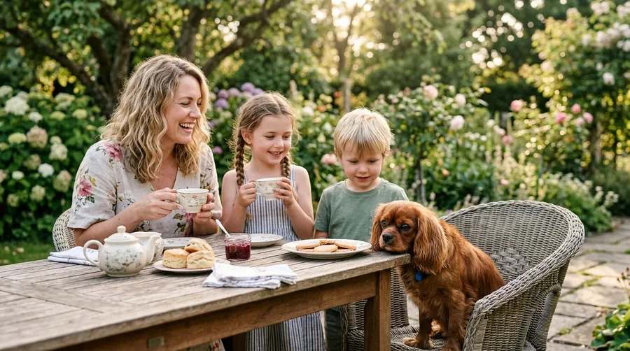 Family and dog having tea