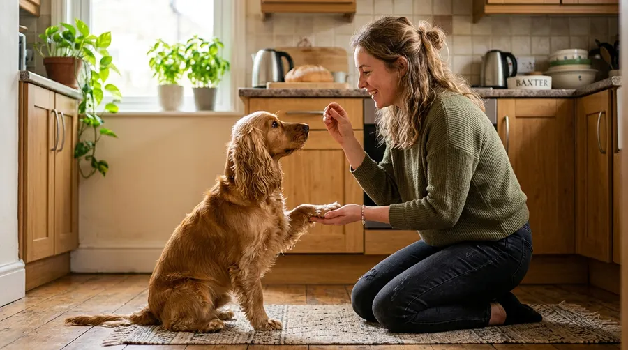 Woman training dog in kitchen