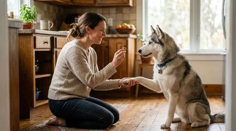 Woman training dog in kitchen