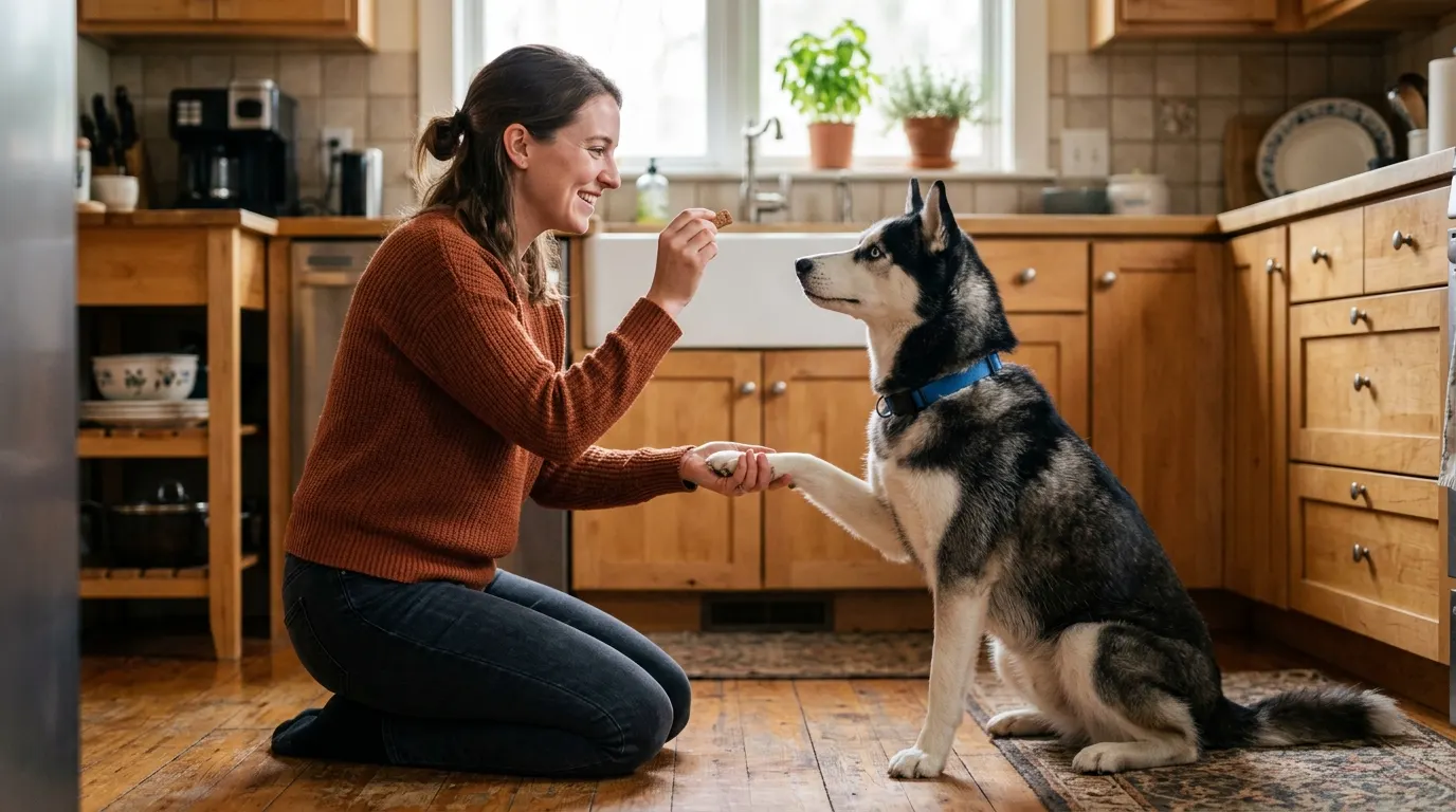 Woman training dog in kitchen — Feeding Calculators & Caloric Requirements