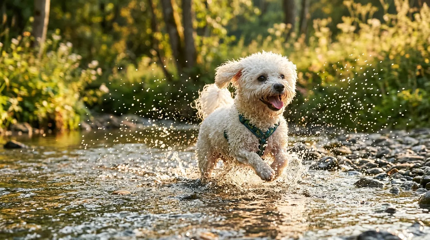 Bichon Frise splashing in stream | Feeding & Watering Supplies Bichon Frise splashing in stream — Feeding & Watering Supplies