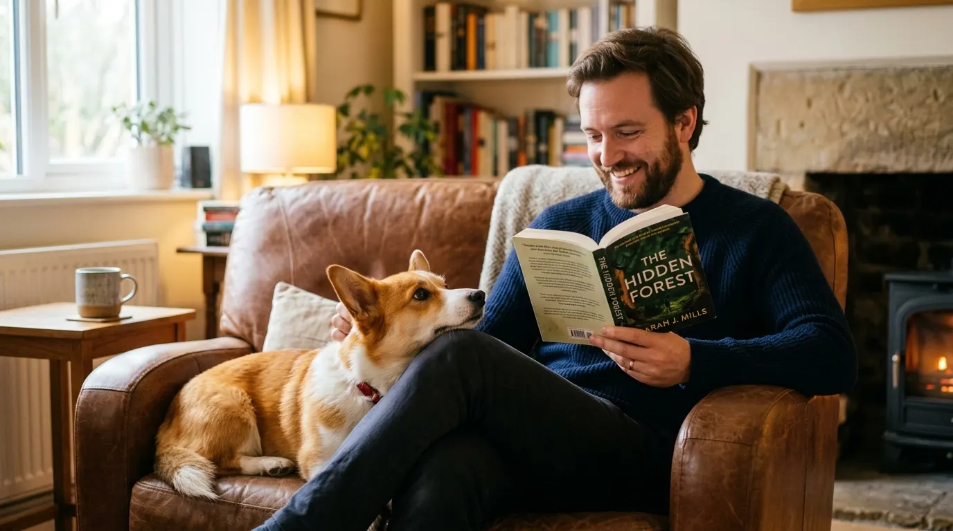 Man reading book with corgi — Fetch & Tug Toys
