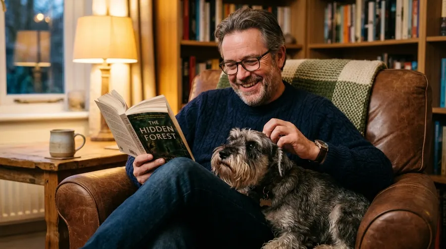 Man reading book with dog