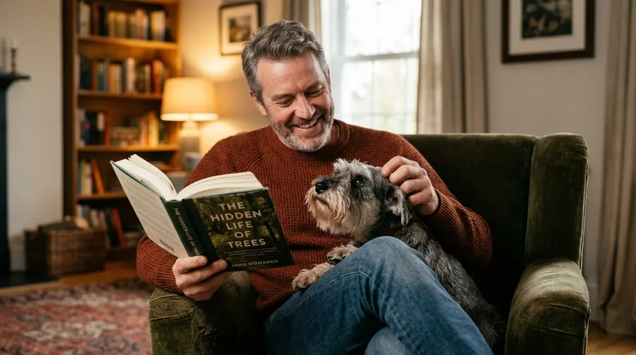 Man reading book with dog