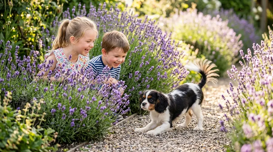 Siblings playing with puppy
