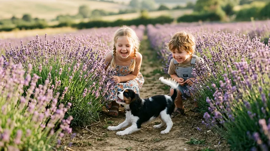 Siblings playing with puppy