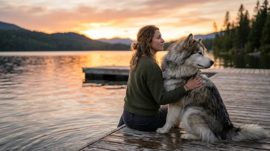 Person sitting with dog by
