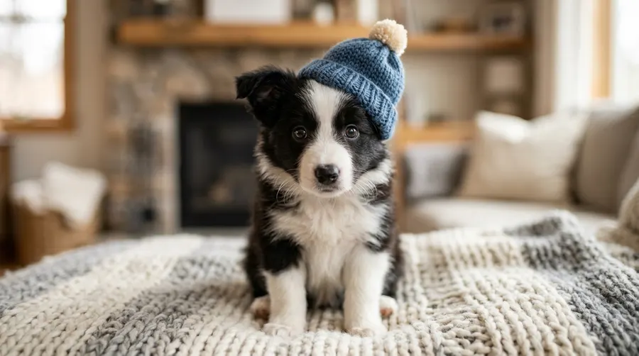 Border Collie puppy wearing beanie | Food Border Collie puppy wearing beanie