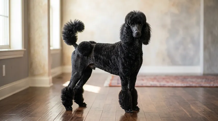 Poodle standing on hardwood floor | GPS Tracking & Smart Collars Poodle standing on hardwood floor